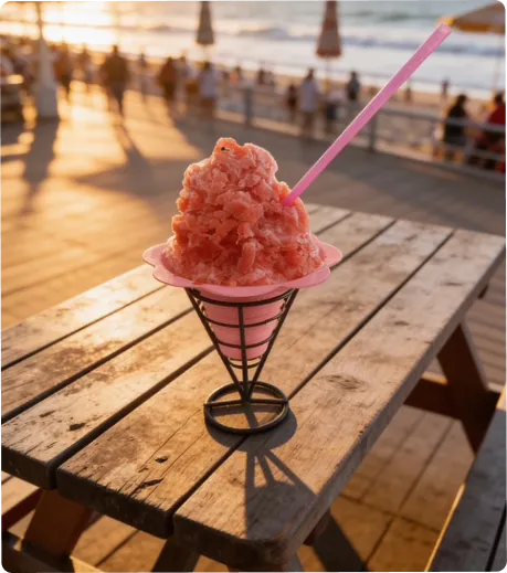 Red shaved ice cone on a boardwalk table