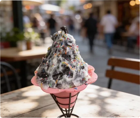 Cookies and cream shaved ice at an outdoor cafe