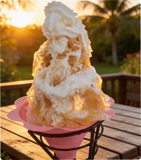 Cream-topped shaved ice on a table at a palm-lined sunset event