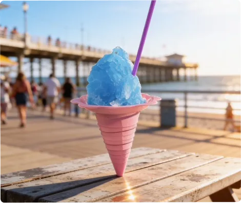 Blue shaved ice cone on a seaside boardwalk
