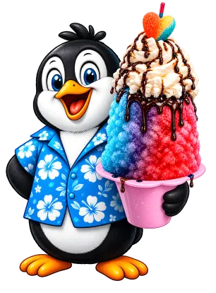 Penguin Shaved Ice mascot holding a rainbow shaved ice