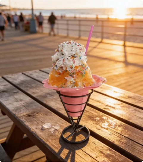 Shaved ice cone on a boardwalk table at sunset