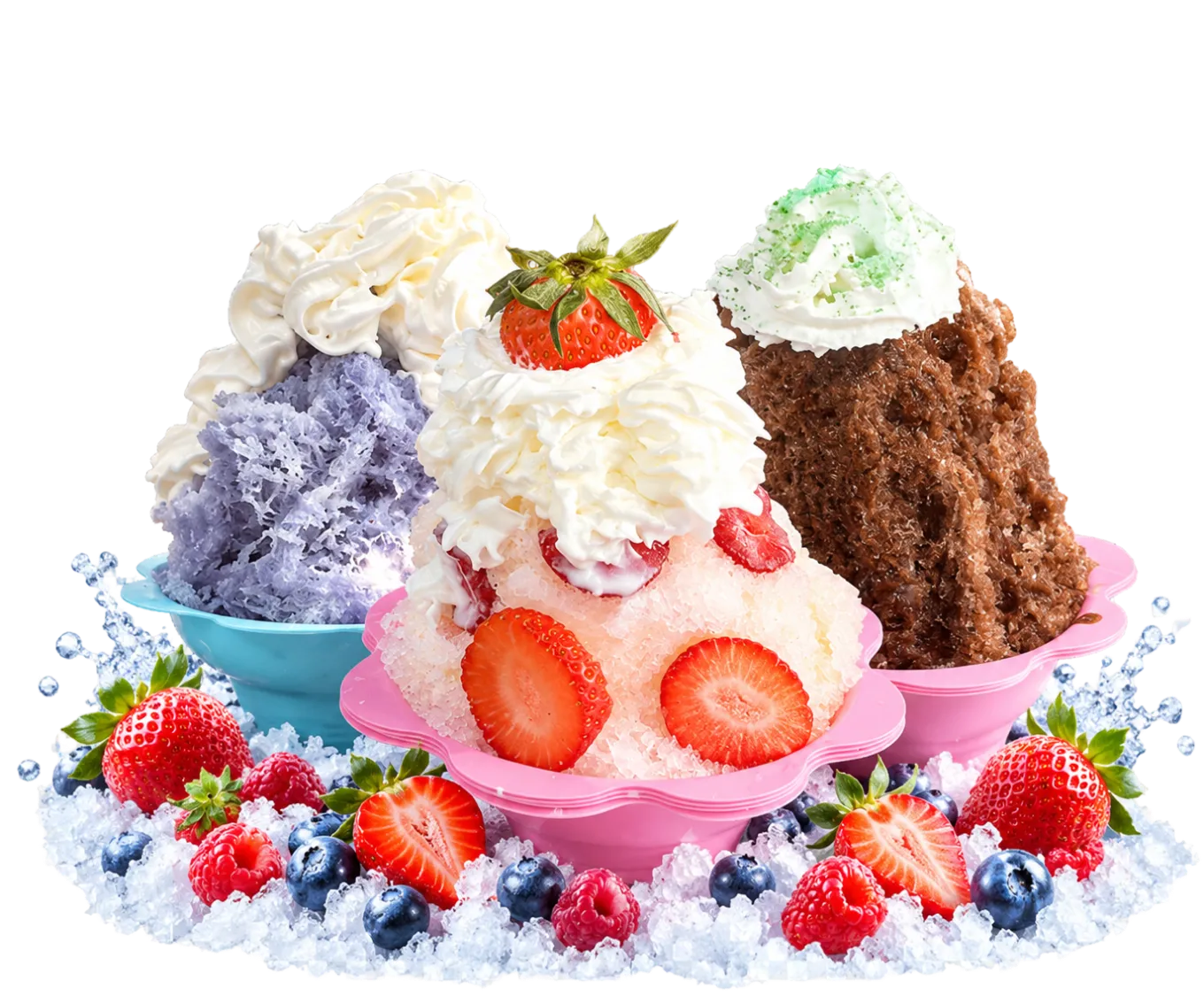 Three gourmet shaved ice cups topped with whipped cream, fresh strawberries and berries