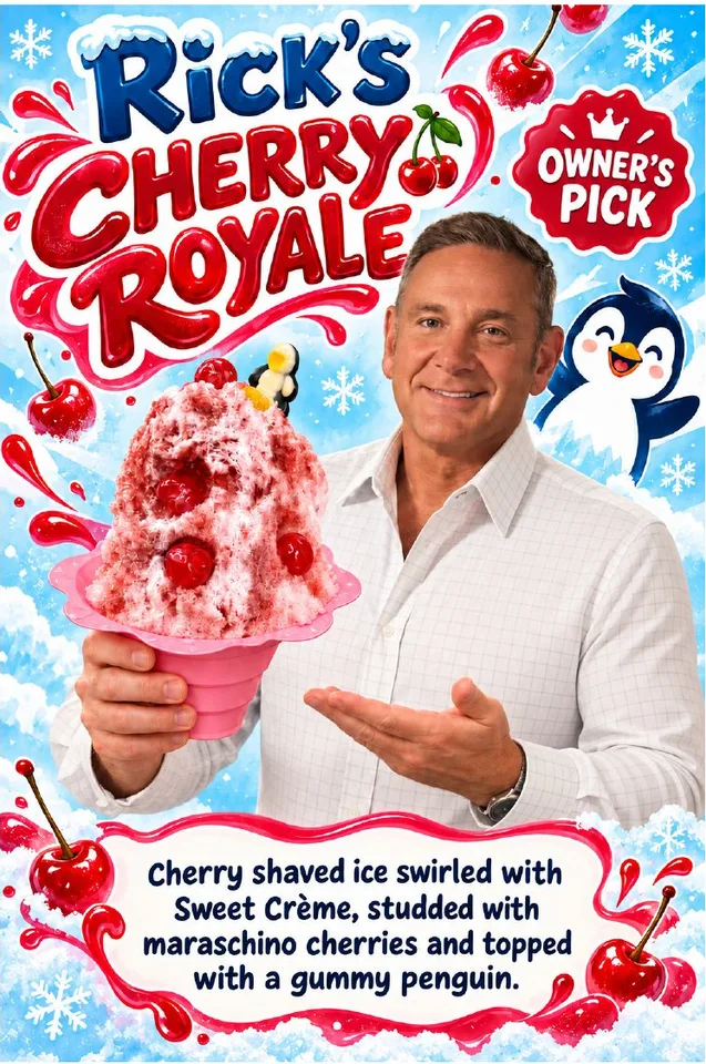 Owner Rick holding a Cherry Royale shaved ice