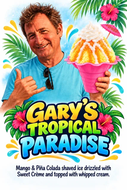Gary holding Gary's Tropical Paradise shaved ice