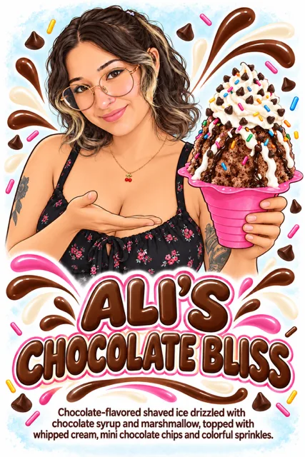 Ali holding Ali's Chocolate Bliss shaved ice