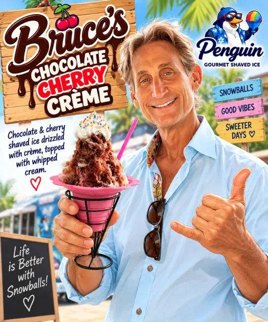 Bruce holding Bruce's Chocolate Cherry Crème shaved ice