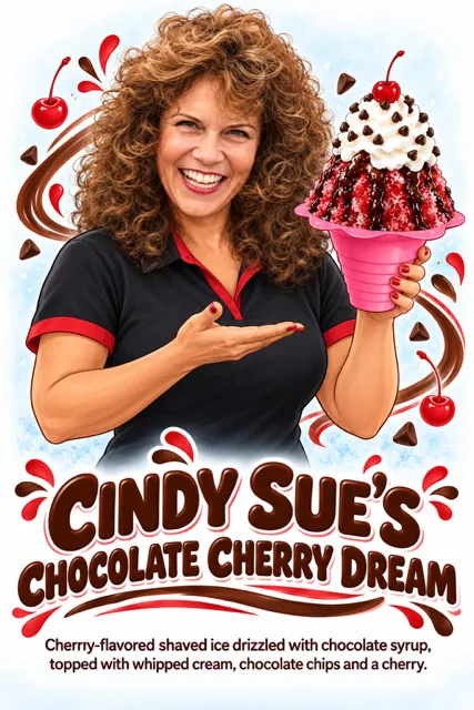 Cindy Sue holding Cindy Sue's Chocolate Cherry Dream shaved ice
