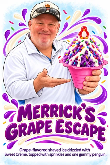 Merrick holding Merrick's Grape Escape shaved ice