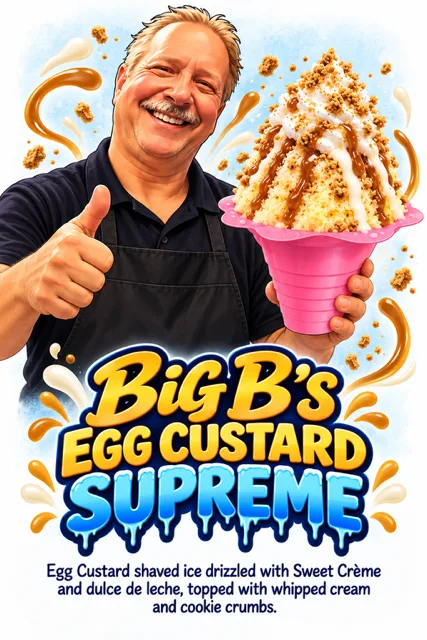 Big B holding Big B's Egg Custard Supreme shaved ice