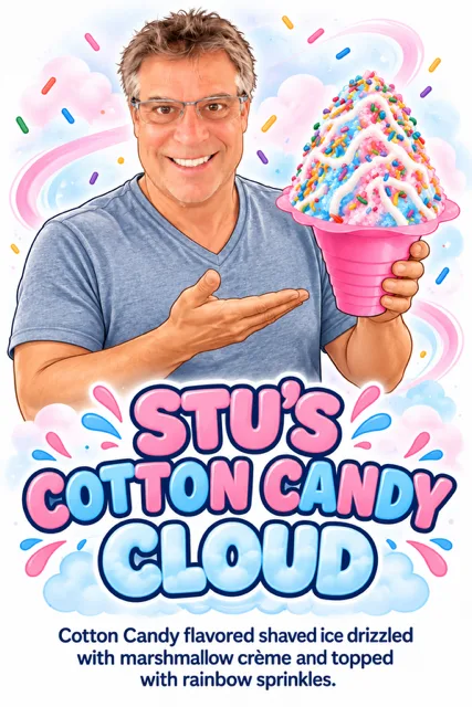 Stu holding Stu's Cotton Candy Cloud shaved ice