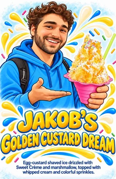 Jakob holding Jakob's Golden Custard Dream shaved ice