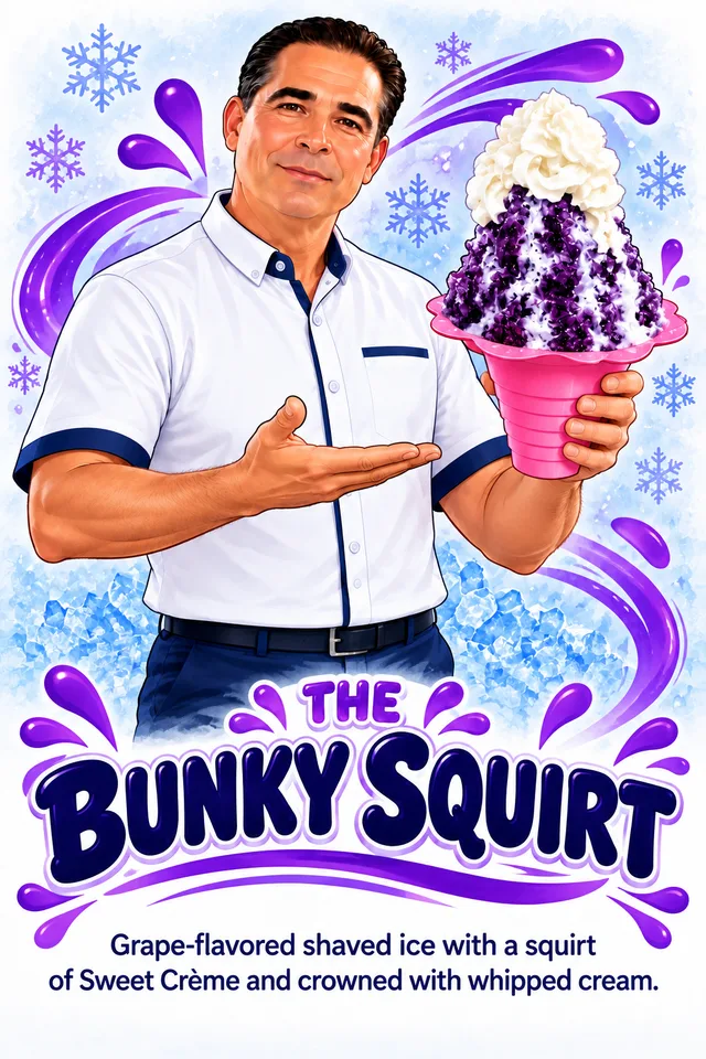 Bunky holding The Bunky Squirt shaved ice
