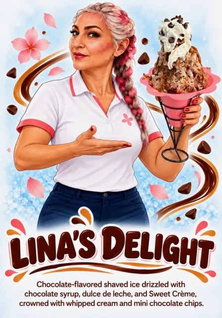 Lina holding Lina's Delight shaved ice