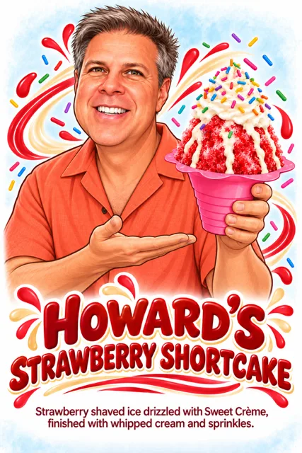 Howard holding Howard's Strawberry Shortcake shaved ice