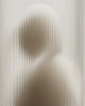 Blurred silhouette of a person behind vertically ribbed glass creating a distorted effect.