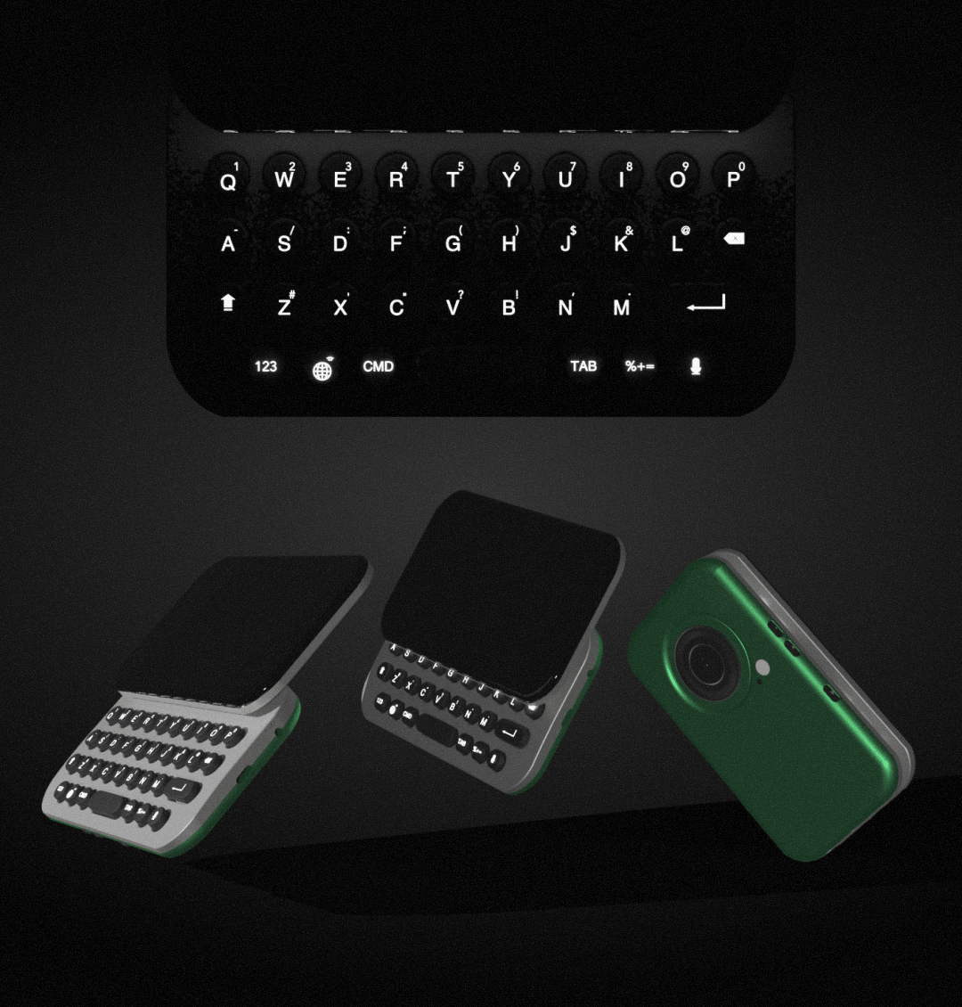 3D render of a slide-out keyboard phone concept