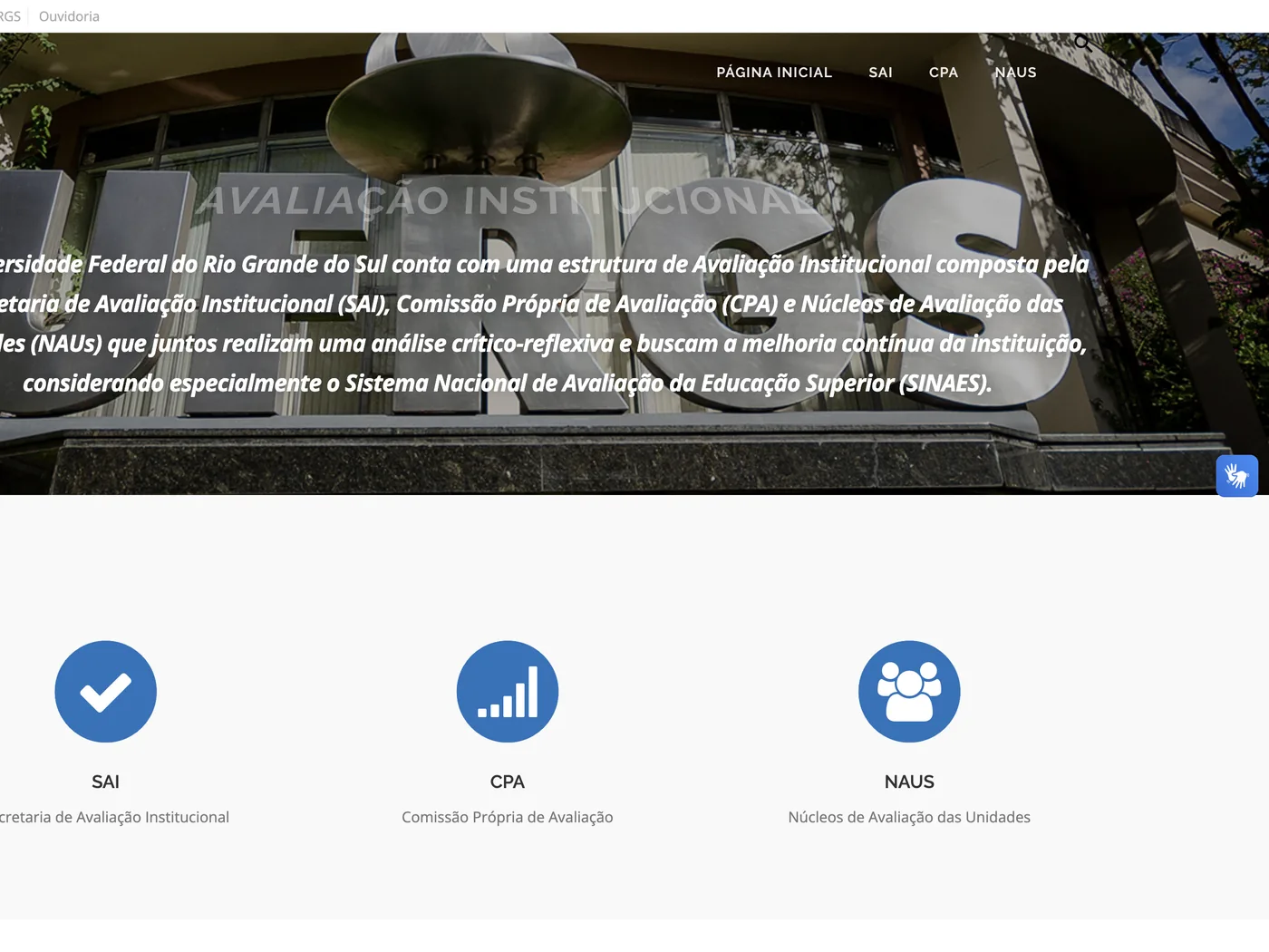 Previous SAI site with a short top menu and icon links