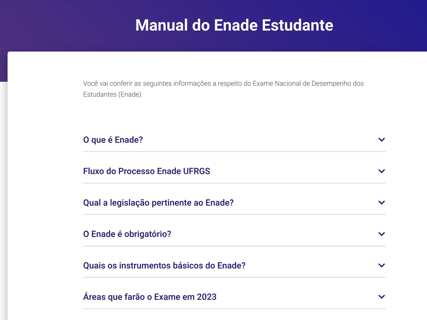 Question dropdowns for long-form content on the Enade manual page