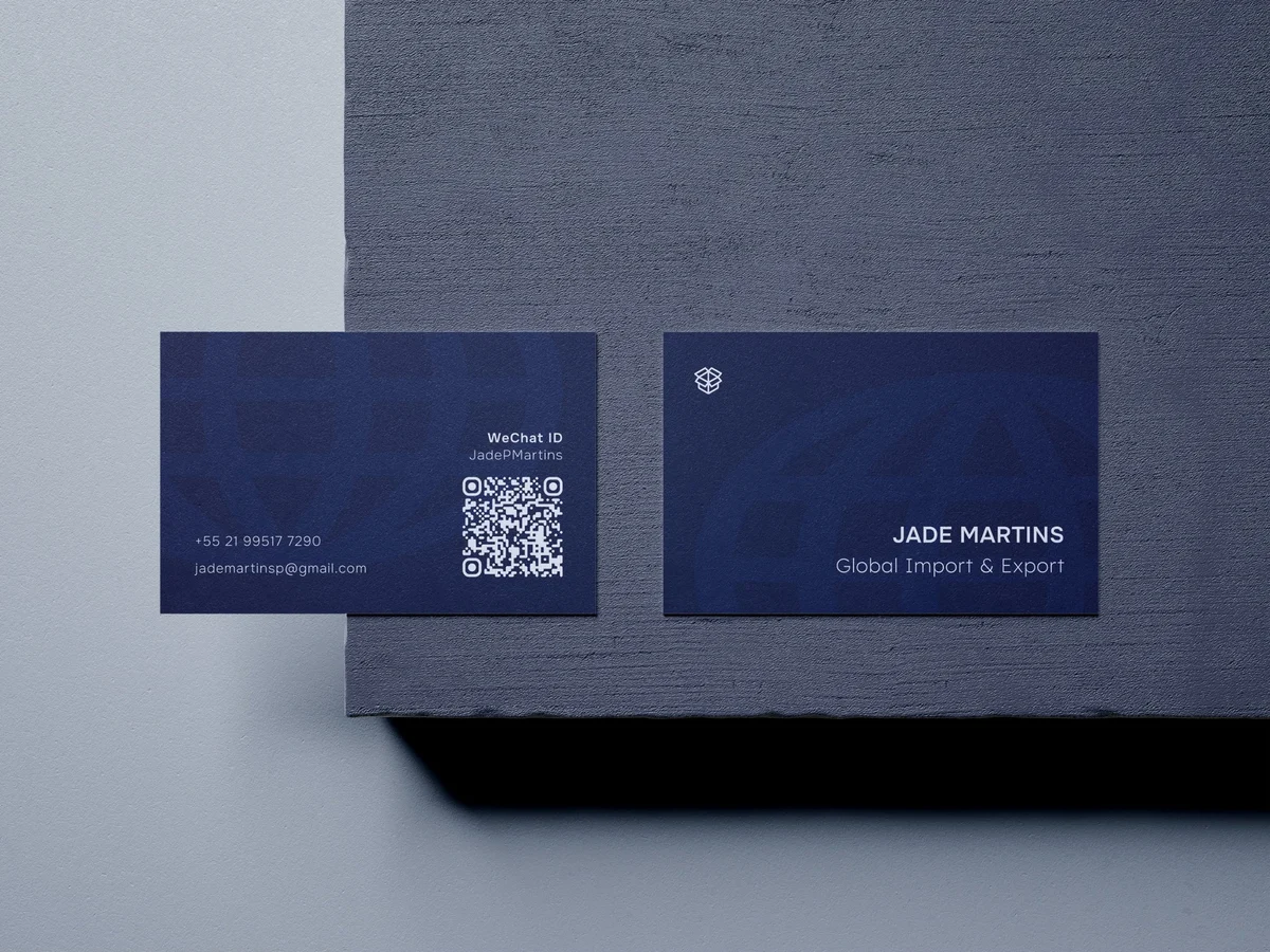 Navy business card for an import and export brand, front and back