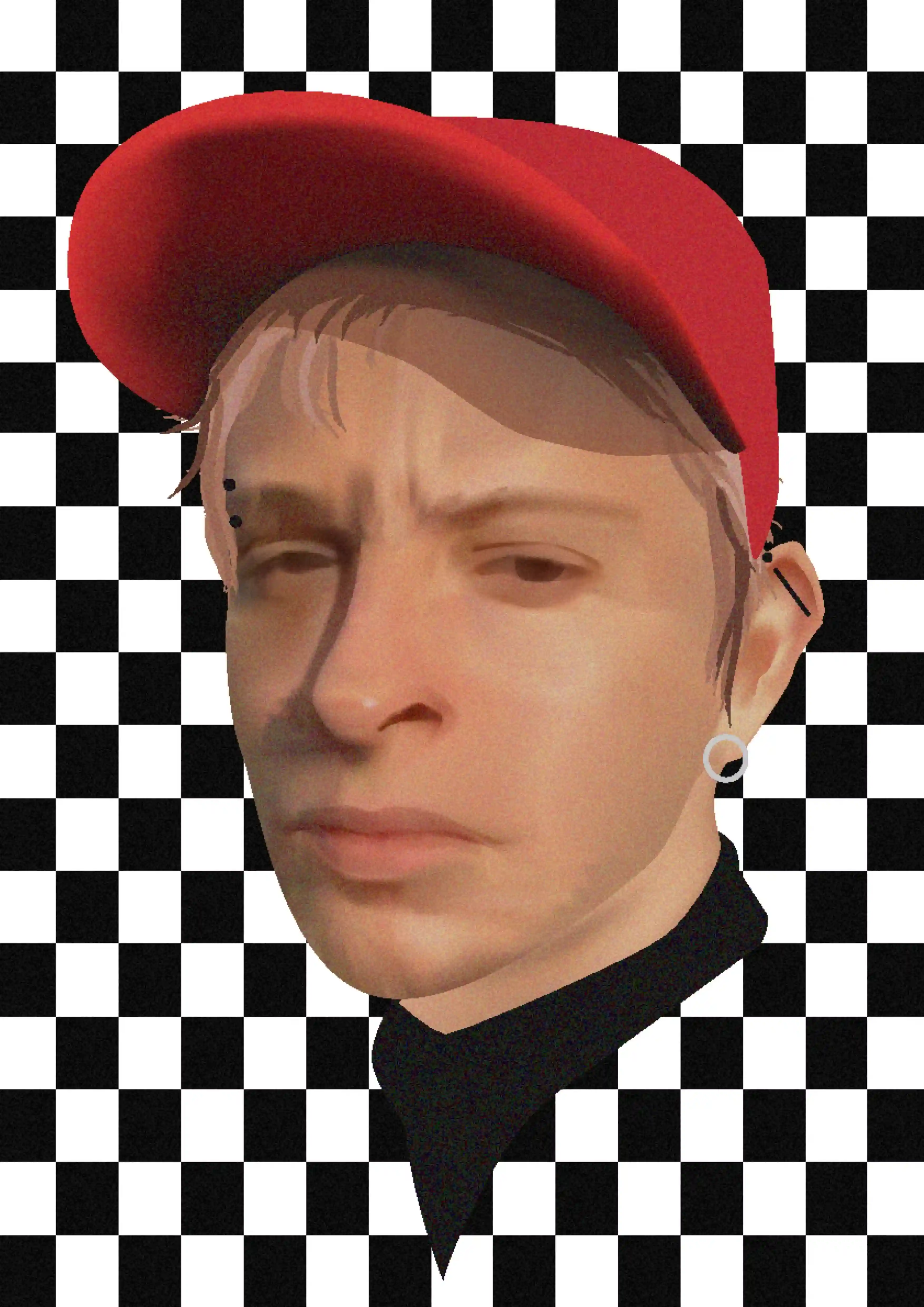 Pixelated digital self-portrait with a red cap on a checkerboard