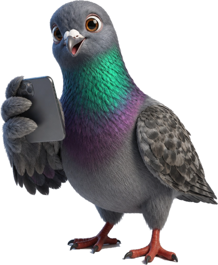 Cartoon pigeon holding a phone