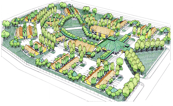 Housing Authority of New Orleans. Colored architectural site plan showing a residential complex with multiple rows of buildings surrounded by trees, parking areas, and pathways, all enclosed by a fence.
