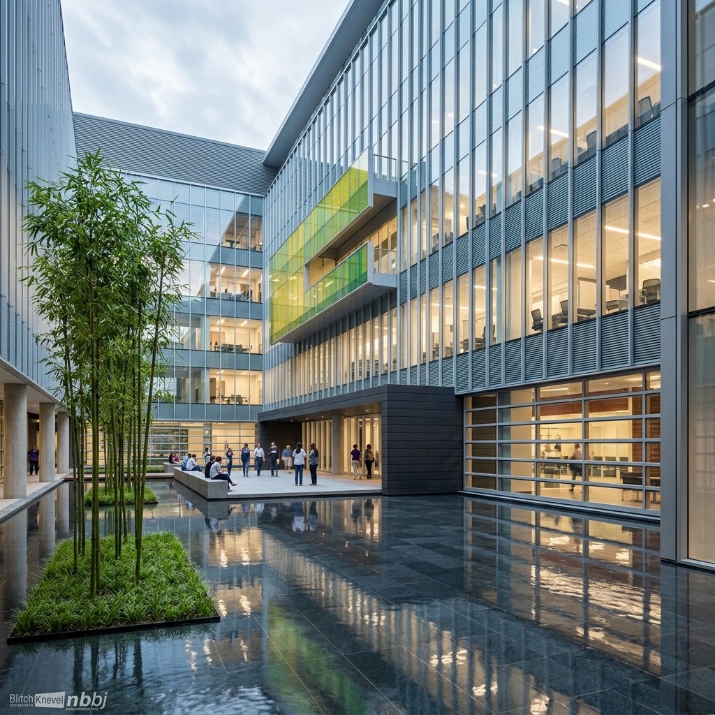 Modern office building courtyard with reflective water feature, a cluster of tall green bamboo plants on a planted platform, glass walls, and employees standing and sitting near the entrance under a cloudy sky.
