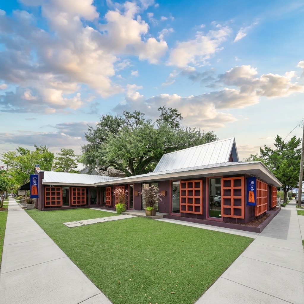 Single-story modern building with dark brown exterior walls and large orange-framed windows, set on a corner with concrete sidewalks and a green lawn area, under a blue sky with scattered clouds.