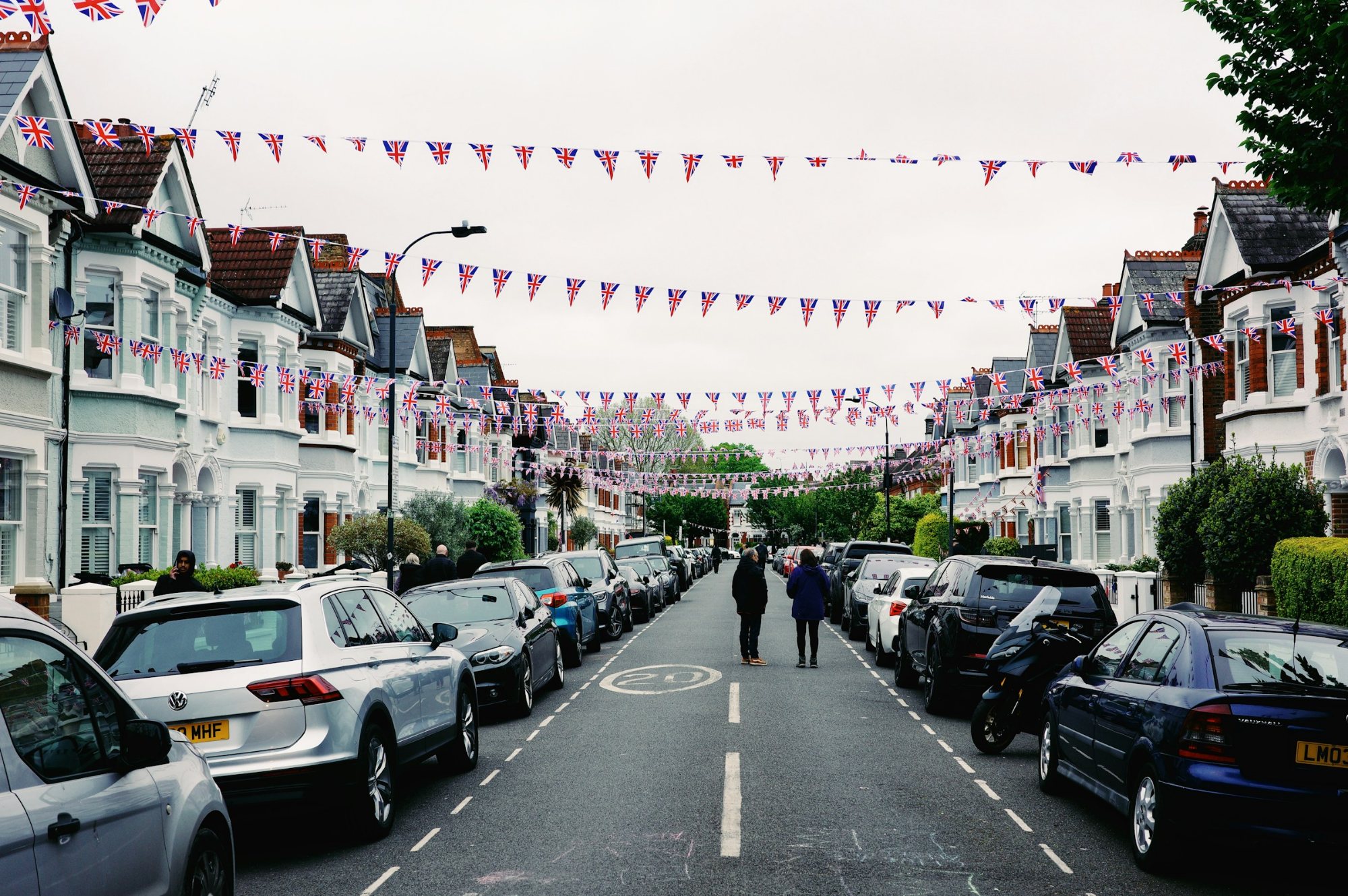 Terraced street decorated with bunting