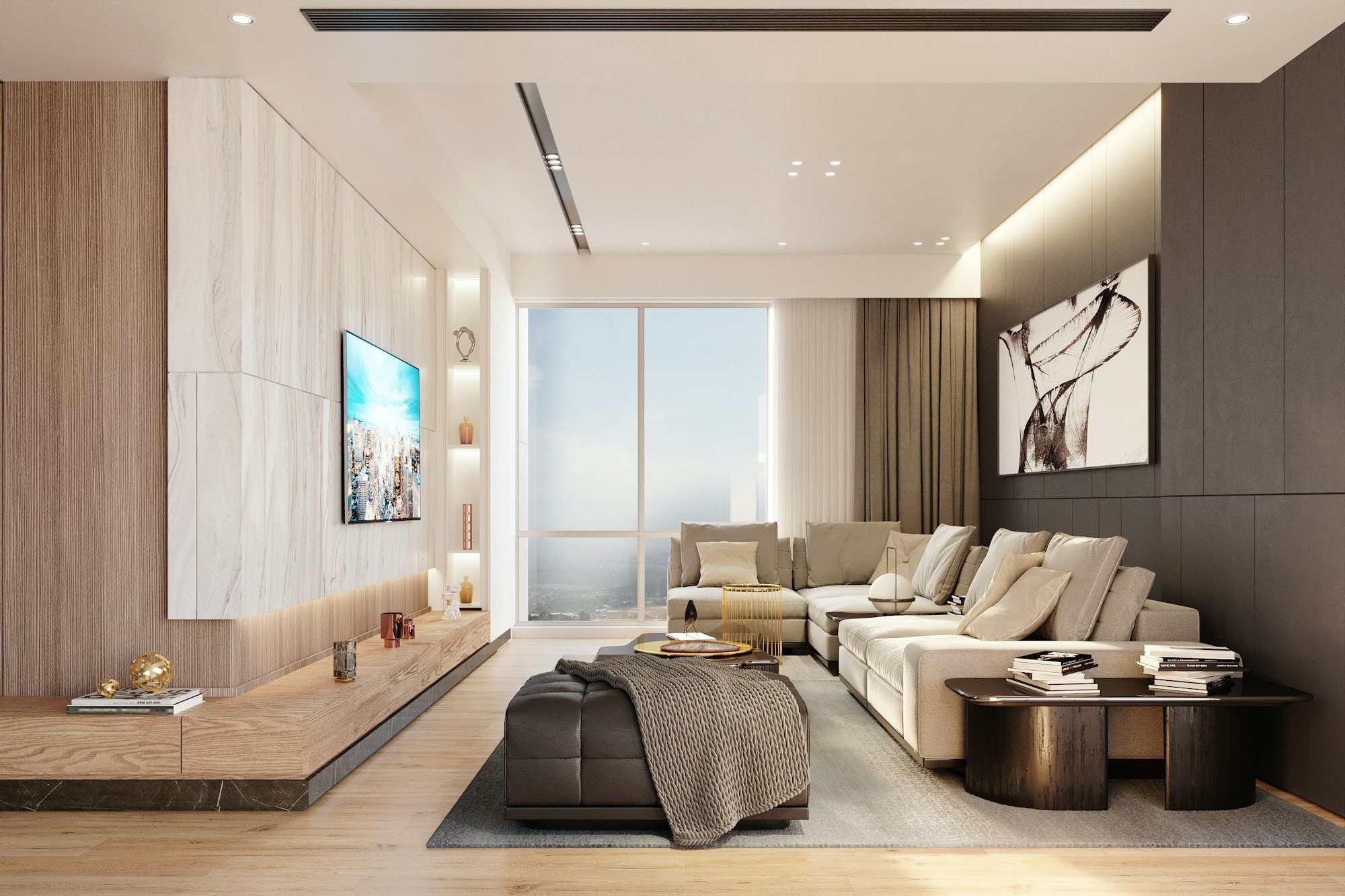 Modern apartment interior with city views