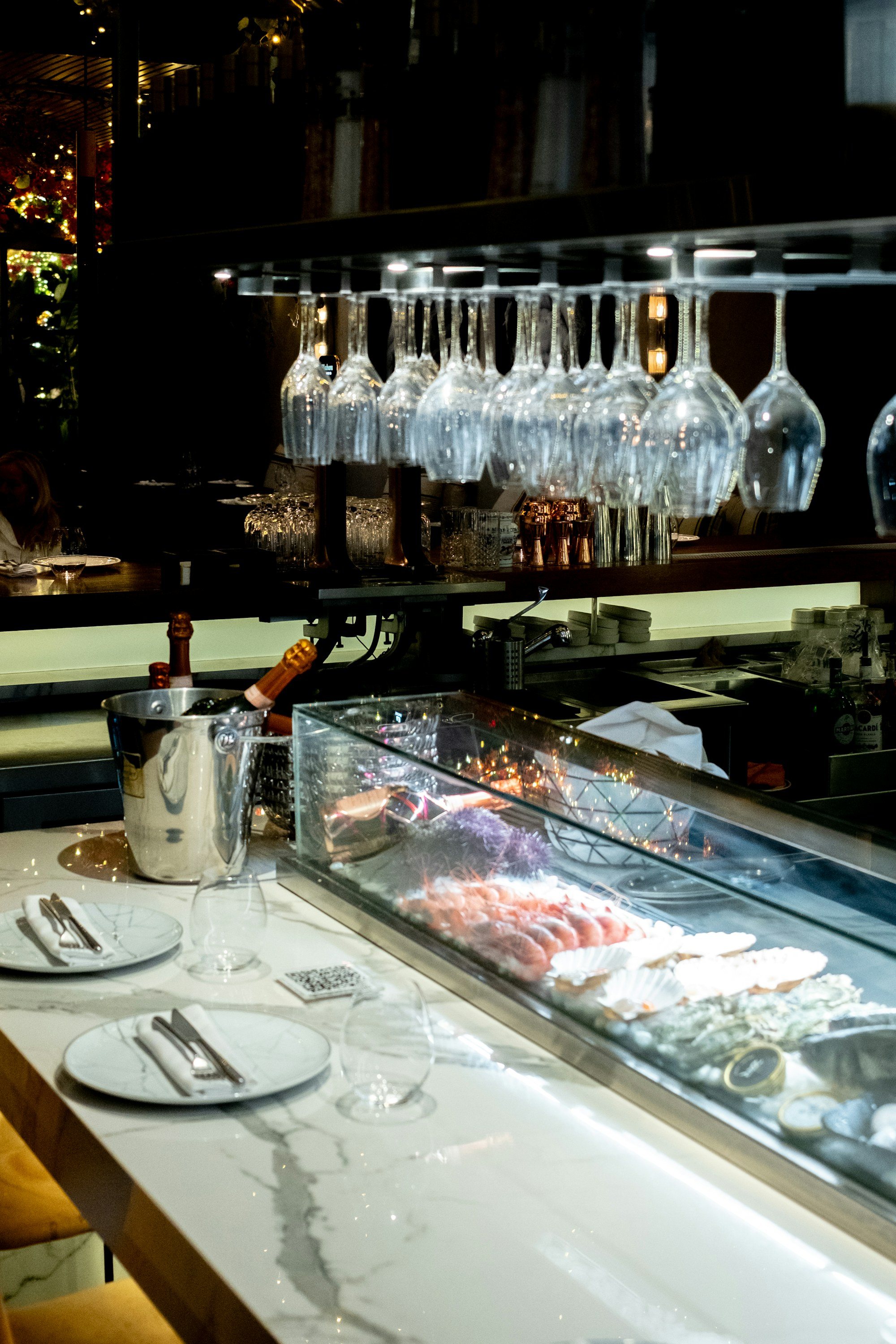 Seafood dishes on a restaurant table