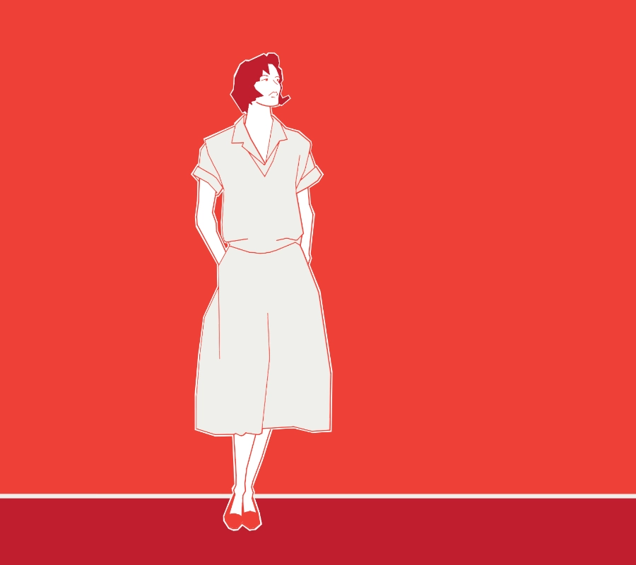 Illustration of a woman standing with hands in pockets, against a solid red background.