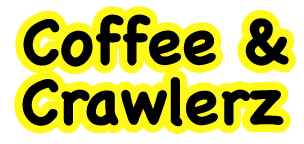 Text saying 'Coffee & Crawlerz' in bold black letters with a yellow outline.