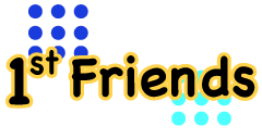 Logo with text '1st Friends' in playful yellow font accompanied by decorative blue and teal dots above and below.