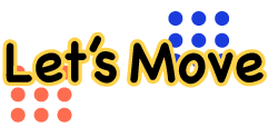 Text saying 'Let's Move' in yellow outlined letters with blue and red dot patterns above and below.