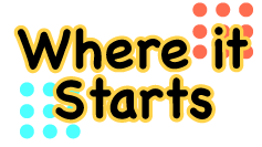 'Where it Starts' text logo with decorative orange and blue dotted squares.