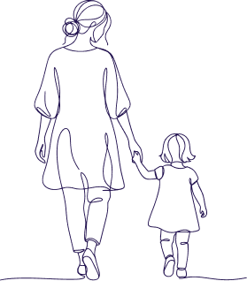 Minimalist line drawing of an adult and child holding hands and walking away, both wearing dresses.