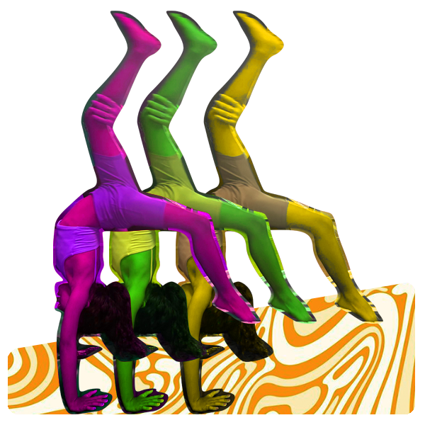 Three stylized, colorful silhouettes of a person in a handstand pose side by side with legs bent backward, each in a different color gradient (magenta, green, and yellow) above an orange and white swirling patterned surface.