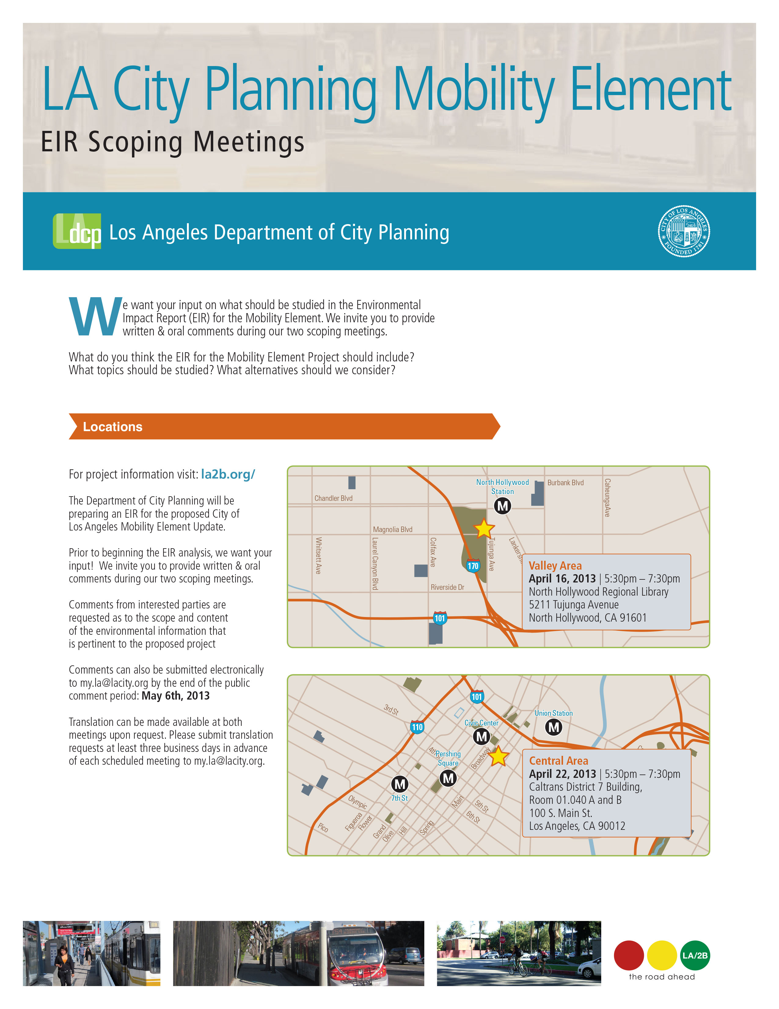 LA City Planning Mobility Element public scoping meeting flyer with maps and transit information