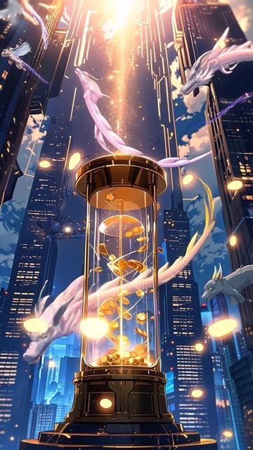 Absolute Bank of Karma promo frame with a monumental karmic energy chamber, gold coins, dragons and a futuristic city