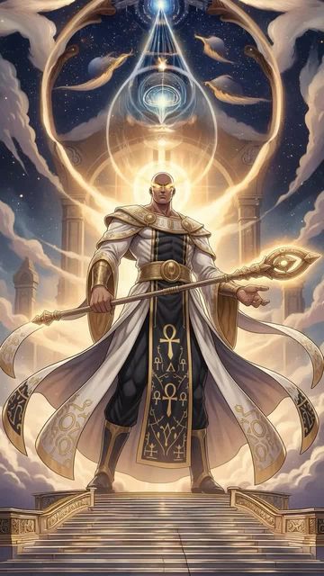 Ego, the divine administrator of Absolute Bank of Karma, in white-and-gold cosmic form with staff and celestial symbols
