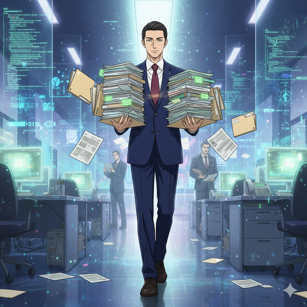 Ren carrying stacks of documents through a digitally augmented office in his salaryman life