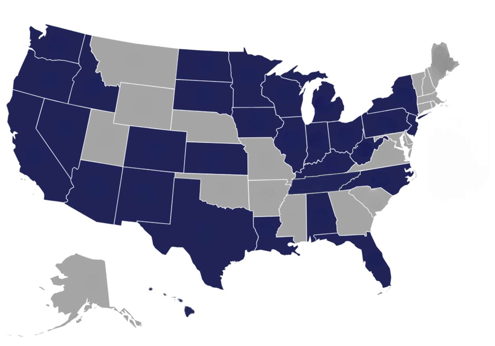 Map of the United States showing the states where CCI owns communities