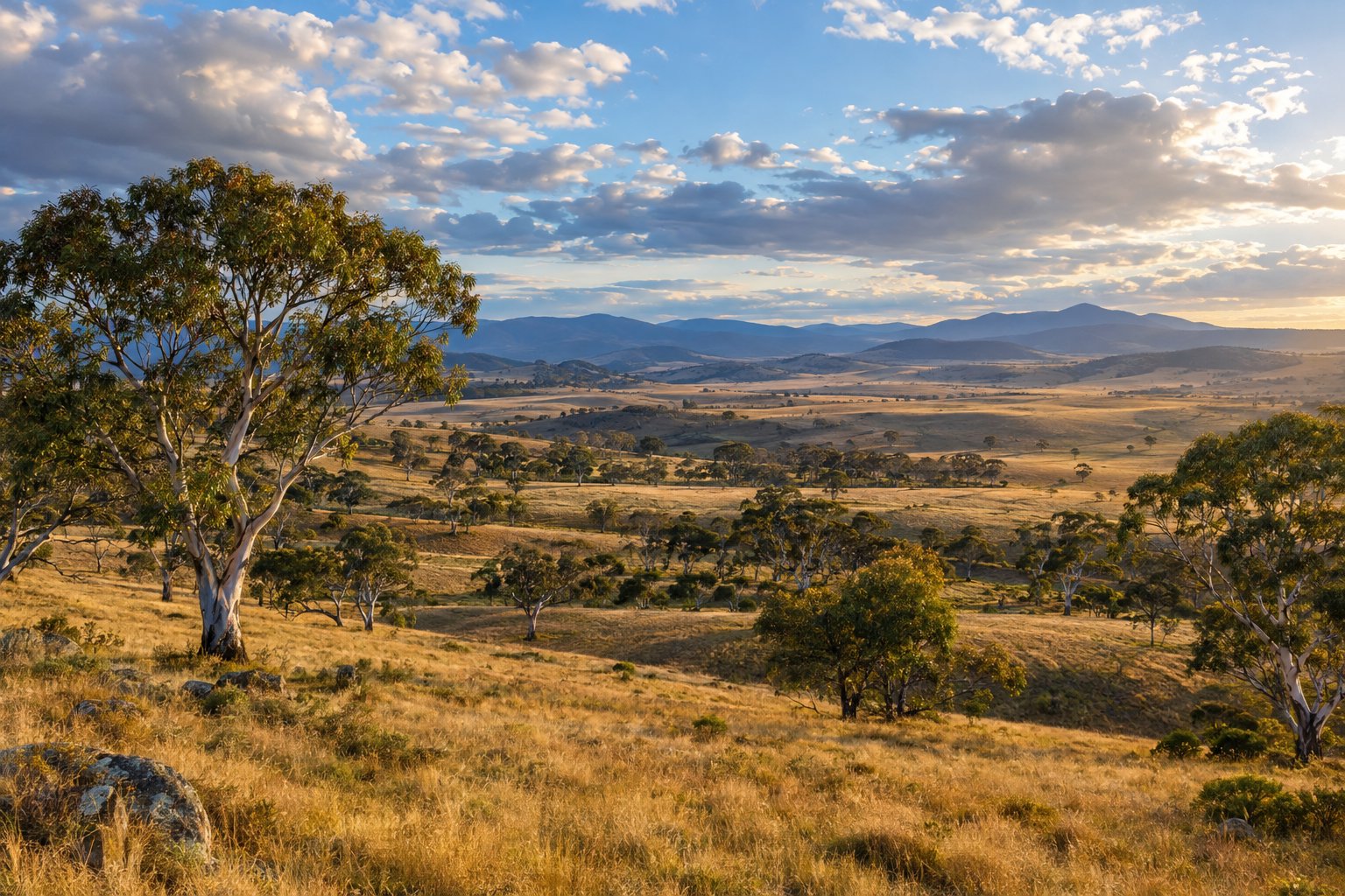 Rolling golden Monaro plains with snow gums near Nimmitabel