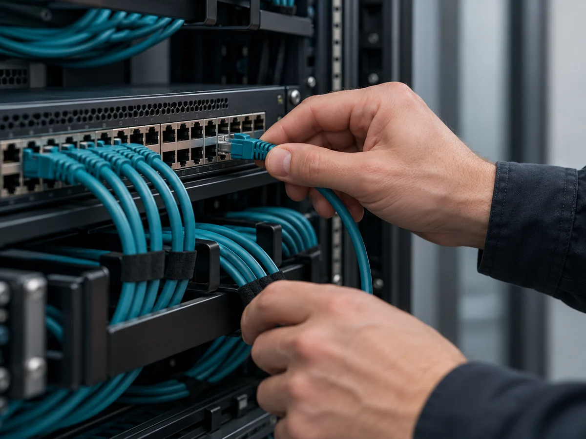 Illustrative close-up of hands connecting an Ethernet cable to a network switch