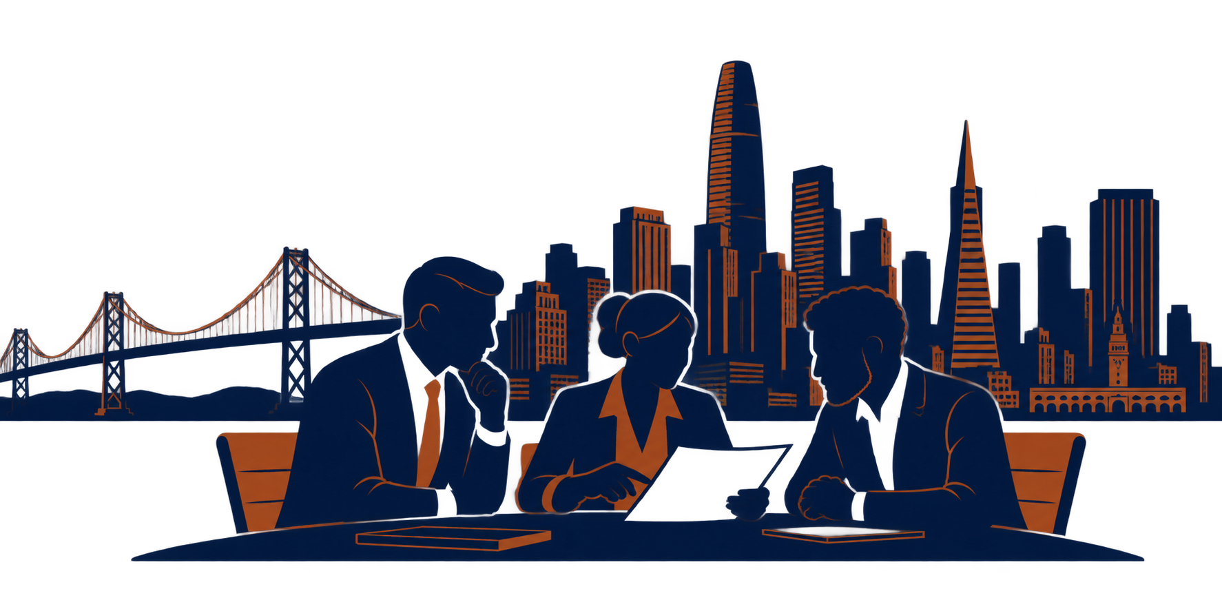 Founders meeting at a table with the Bay Bridge and San Francisco skyline behind