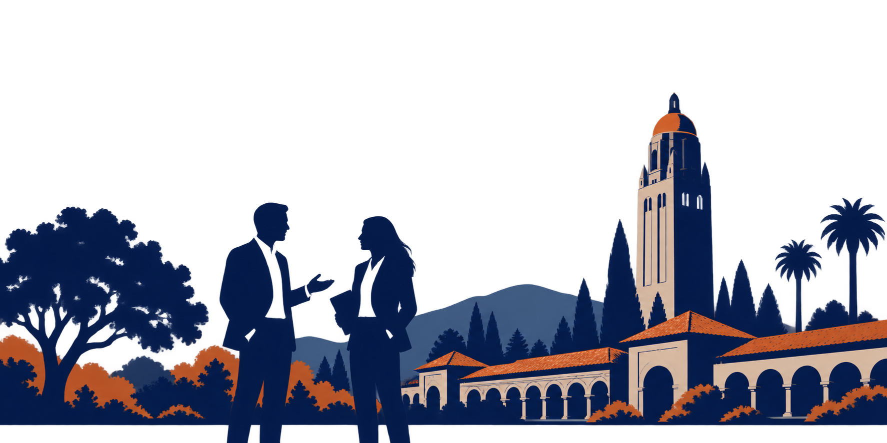 Two founders talking near Hoover Tower at Stanford in Palo Alto