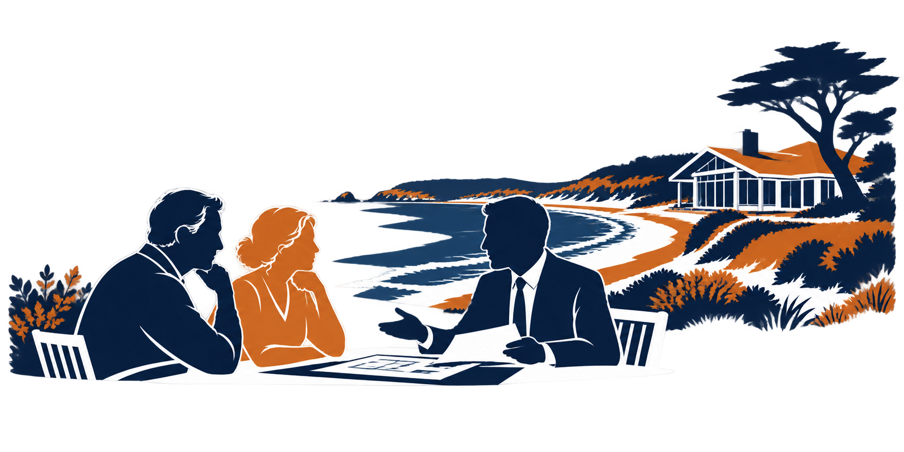 Couple meeting with an advisor beside a coastal home in Half Moon Bay