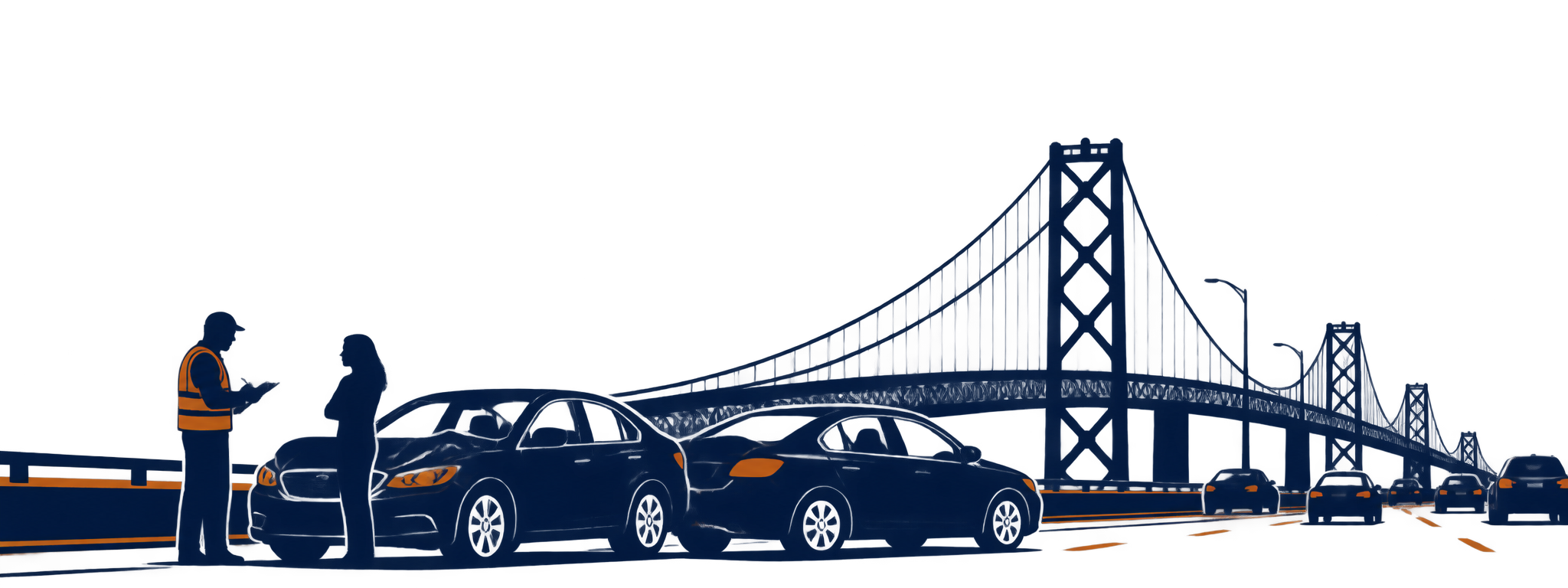 Illustrated misty San Francisco Bay at sunrise with oak trees and city skyline